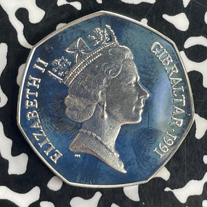 1991 Gibraltar 50 Pence Lot#T8500 Silver! KM#83A, Christmas