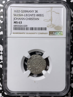 1622 Germany Silesia-Liegnitz-Brieg 3 Kreuzer NGC MS63 Lot#G7593 Silver!