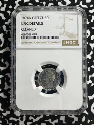 1874-A Greece 50 Lepta NGC Cleaned-UNC Details Lot#G752 Silver!