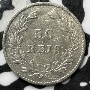 1863 Portugal 50 Reis Lot#D8286 Silver! Cleaned