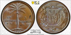 1949 Dominican Republic 1 Centavo PCGS MS64BN Lot#G8311 Beautiful Toning!