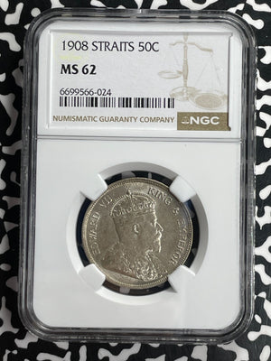 1908 Straits Settlements 50 Cents NGC MS62 Lot#G837 Silver! Nice UNC!