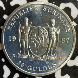 1987 Suriname 30 Gulden Lot#E0122 Silver! High Grade! Beautiful!