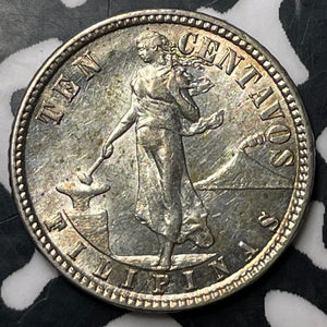 1918 U.S. Philippines 10 Centavos Lot#E6841 Silver! High Grade! Beautiful!