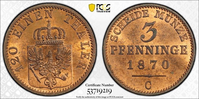 1870-C Germany Prussia 3 Pfennig PCGS MS64RB Lot#G3664 Choice UNC!