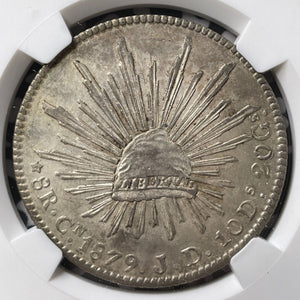 1879-Cn JD Mexico 8 Reales NGC AU55 Lot#G8076 Large Silver! Straight '9'