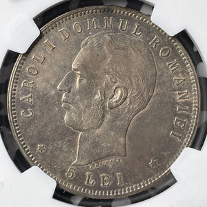 1906 Romania 5 Lei NGC XF45 Lot#G8053 Silver! Carol I Reign 40th Anniversary