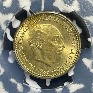 1953 (54) Spain 1 Peseta PCGS MS64 Lot#G986 Choice UNC! Key Date!