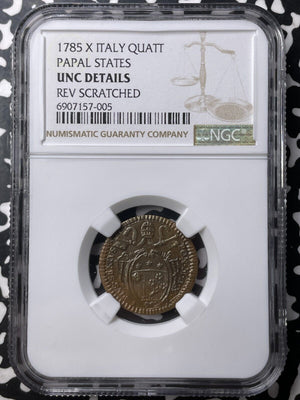 1785 Papal States 1 Quattrino NGC Reverse Scratch-UNC Details Lot#G9020