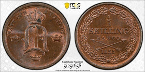 1855 Sweden 1/3 Skilling PCGS MS64RB Lot#G9399 Choice UNC!