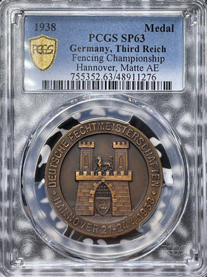 1938 Germany Hannover Fencing Championship Medal PCGS SP63 Lot#G6976 Choice UNC!