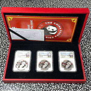 2020 China 3x Panda 10 Yuan Coins NGC MS70 Lot#B2333 Silver! With Case & C.O.A.