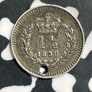 1838 Great Britain 1 1/2 Pence Lot#E8430 Silver! Holed