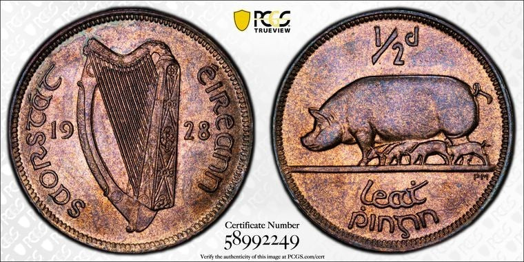 1928 Ireland 1/2 Penny PCGS MS65RB Lot#G3909 Top Graded! Gem BU!