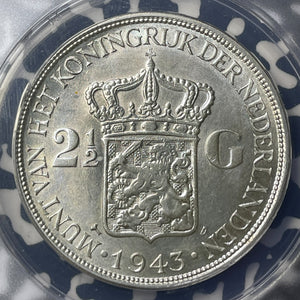 1943-D Netherlands East Indies 2 1/2 Gulden ANACS AU58 Lot#MK117 Silver!