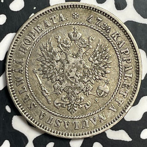 1874 Finland 2 Markkaa Lot#T0262 Silver!