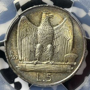 1927-R Italy 5 Lire PCGS MS63 Lot#G9177 Silver! Choice UNC!