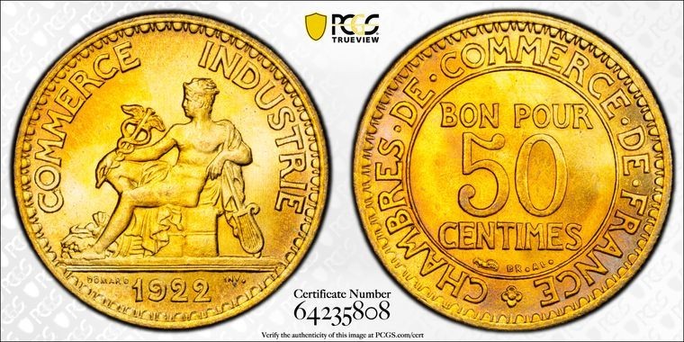 1922 France 50 Centimes PCGS MS65 Lot#G4056 Gem BU! Gad-421, F#191