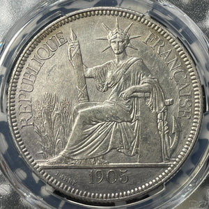 1905-A French Indo-China 1 Piastre PCGS Harshly Cleaned AU Det Lot#G8317 Silver!