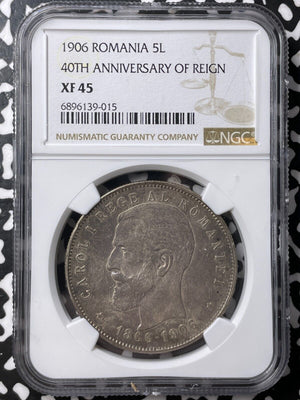 1906 Romania 5 Lei NGC XF45 Lot#G8053 Silver! Carol I Reign 40th Anniversary