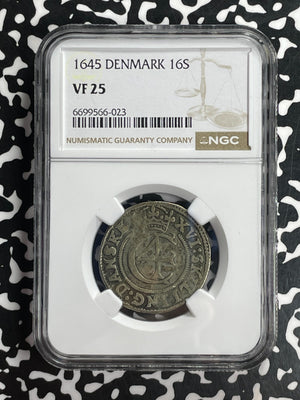 1645 Denmark 16 Skilling NGC VF25 Lot#G836 Silver! Very Scarce!
