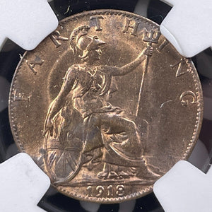 1918 Great Britain Farthing NGC MS64RB Lot#G9124 Choice UNC!