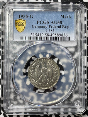 1955-G West Germany 1 Mark PCGS AU58 Lot#G7706 Key Date! J-385