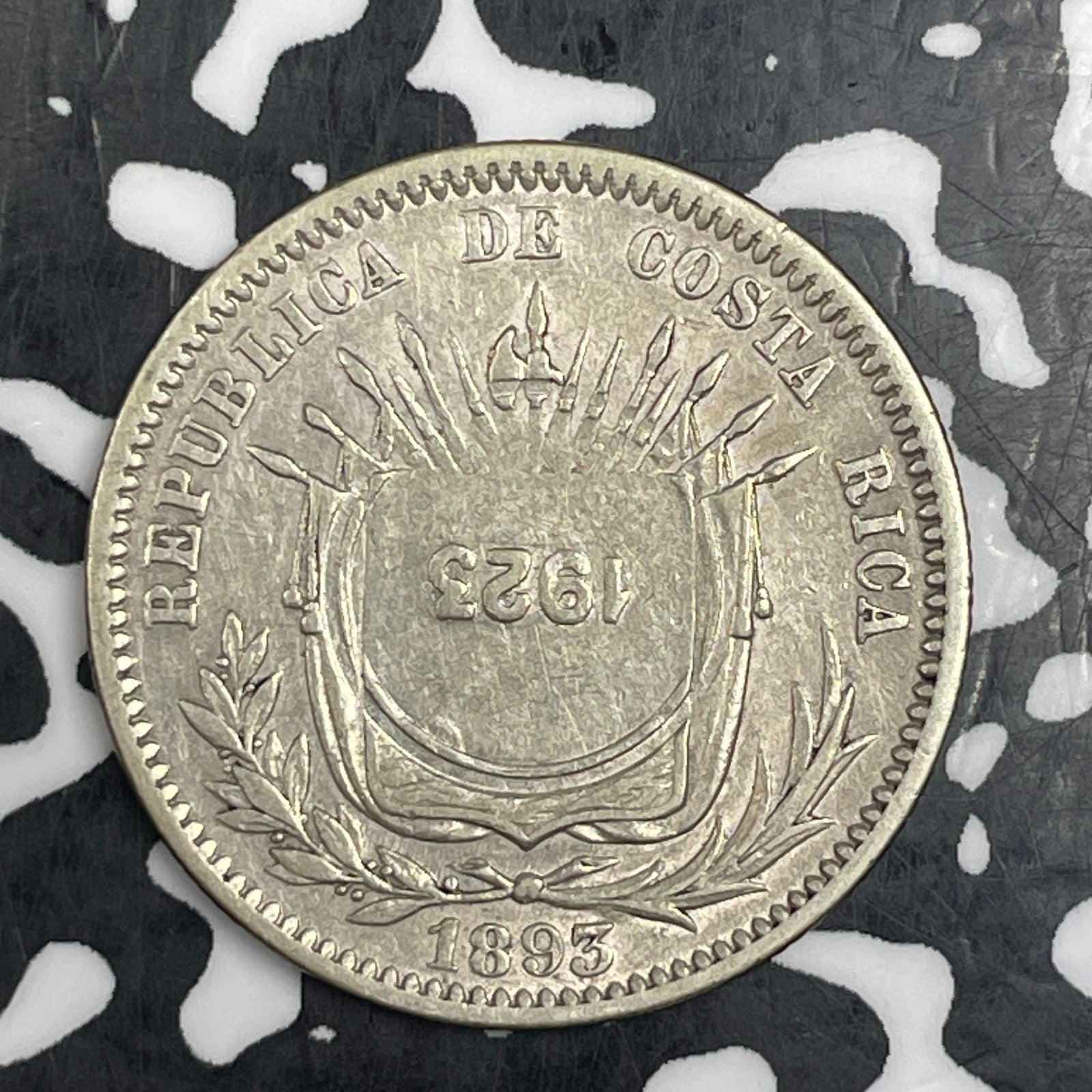 (1923) Costa Rica 50 Centimos C/S on 1893 25 Centimos Lot#C8899 Silver! Nice!