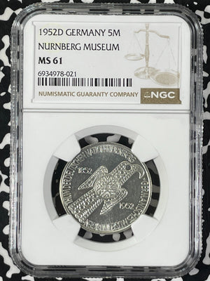 1952-D West Germany Nurnberg Museum 5 Mark NGC MS61 Lot#G9926 Silver! Key Date!