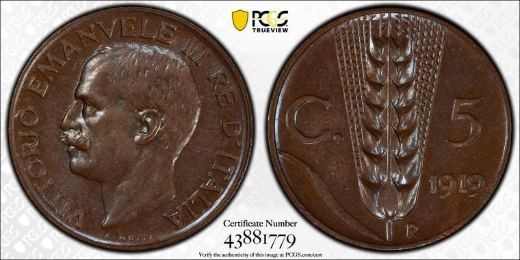 1919-R Italy 5 Centesimi PCGS MS63BN Lot#G2172 Choice UNC! Key Date!