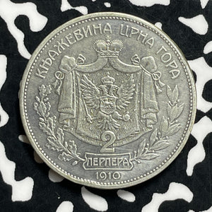 1910 Montenegro 2 Perper Lot#JM9974 Silver! Scarce!