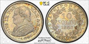 1868-R Papal States 10 Soldi PCGS MS65 Lot#G8190 Silver! Gem BU! KM#1376