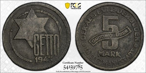 1943 Poland Lodz Ghetto 5 Mark PCGS Environment. DMG-AU Detail Lot#G1021 KM#Tn2a