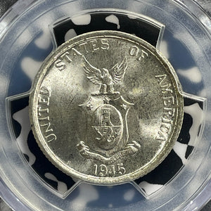 1945-S U.S. Philippines 50 Centavos PCGS MS65+ Lot#G1058 Silver! Gem BU!