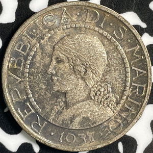 1937 San Marino 5 Lire Lot#E0136 Silver! High Grade! Beautiful!