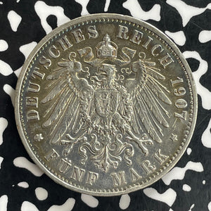 1907-F Germany Wurttemberg 5 Mark Lot#JM0123 Large Silver!