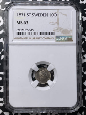 1871-ST Sweden 10 Ore NGC MS63 Lot#G8993 Silver! Choice UNC!