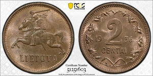 1936 Lithuania 2 Centai PCGS MS64RB Lot#G9192 Choice UNC!