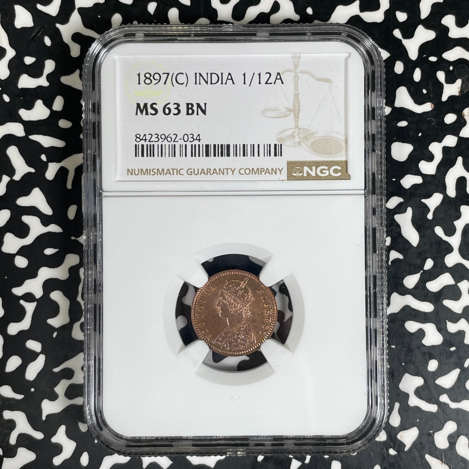 1897 India 1/12 Anna NGC MS63BN Lot#G1643 Choice UNC!
