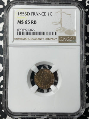 1853-D France 1 Centime NGC MS65RB Lot#G8888 Gem BU! Solo Top Graded!