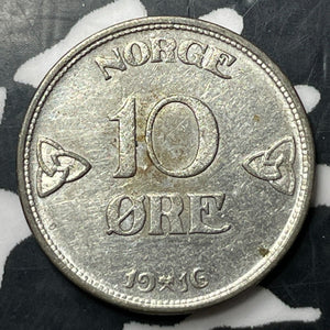 1916 Norway 10 Ore Lot#E6842 Silver! Key Date! Nice Detail, Cleaned