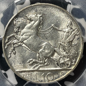 1928-R Italy 10 Lire PCGS AU58 Lot#G8753 Silver! KM#68.1