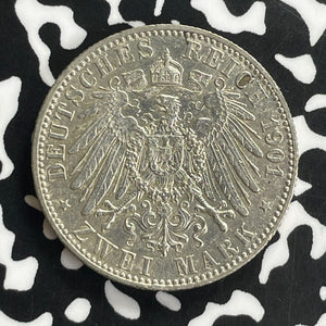 1901 Germany Prussia 2 Mark Lot#C0155 Silver! Nice!