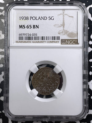 1938 Poland 5 Groszy NGC MS65BN Lot#G9154 Gem BU!