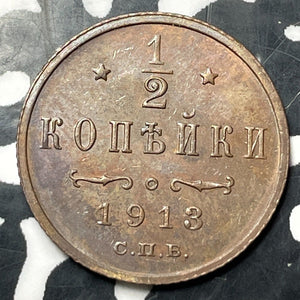 1913 Russia 1/2 Kopek Half Kopek Lot#E6845 High Grade! Beautiful!