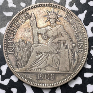 1908-A French Indo-China 1 Piastre Lot#JM8743 Large Silver!