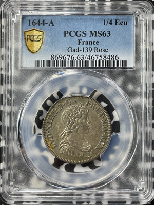 1644-A France 1/4 Ecu PCGS MS63 Lot#G7976 Silver! Choice UNC! Gad-139 Rose