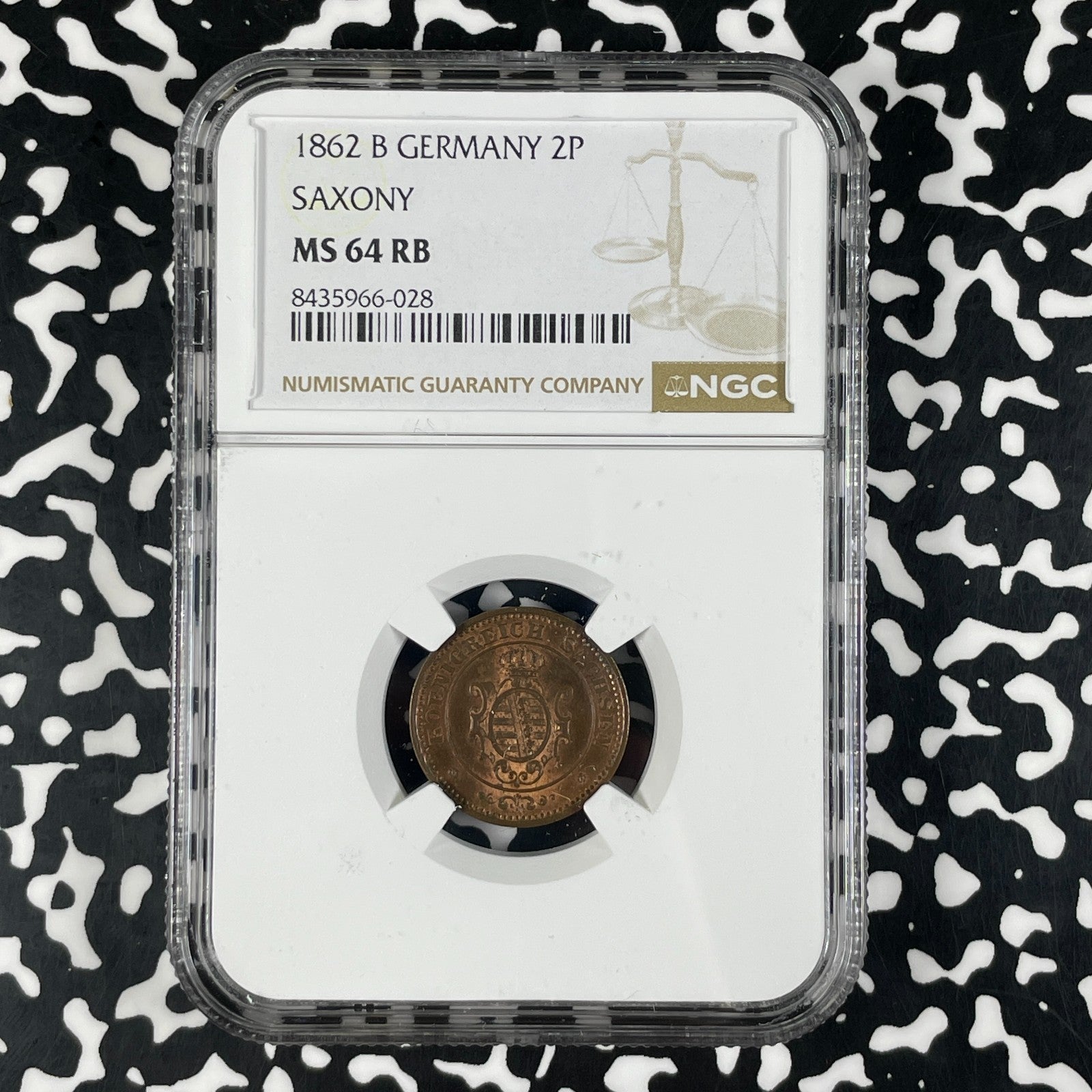 1862-B Germany Saxony 2 Pfennig NGC MS64RB Lot#G2307 Choice UNC!