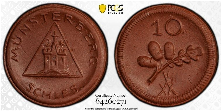 1921 Germany Munsterberg 10 Pfennig Porcelain Notgeld PCGS MS66 Lot#G4141