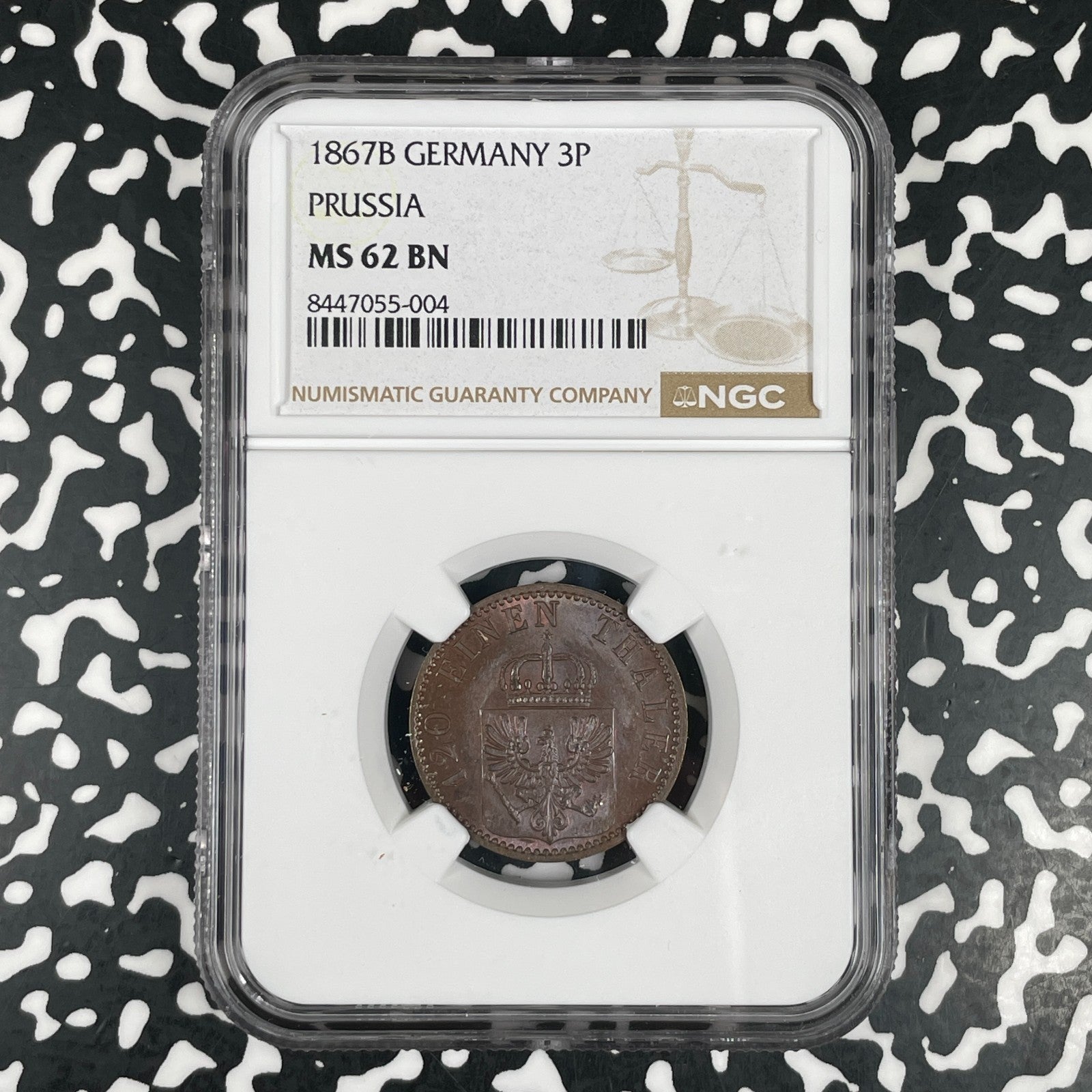1867-B Germany Prussia 3 Pfennig NGC MS62BN Lot#G3550 Nice UNC!